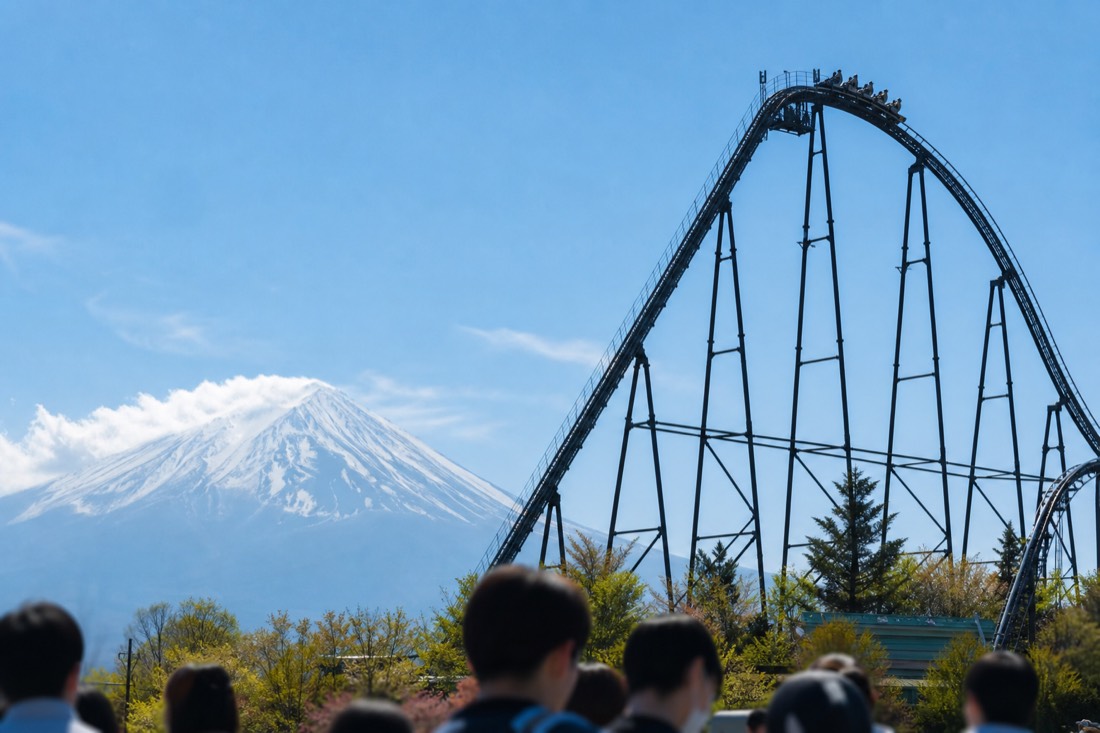 Fuji-Q Highland coaster hill silhouetted against Mount Fuji, the day-one adrenaline