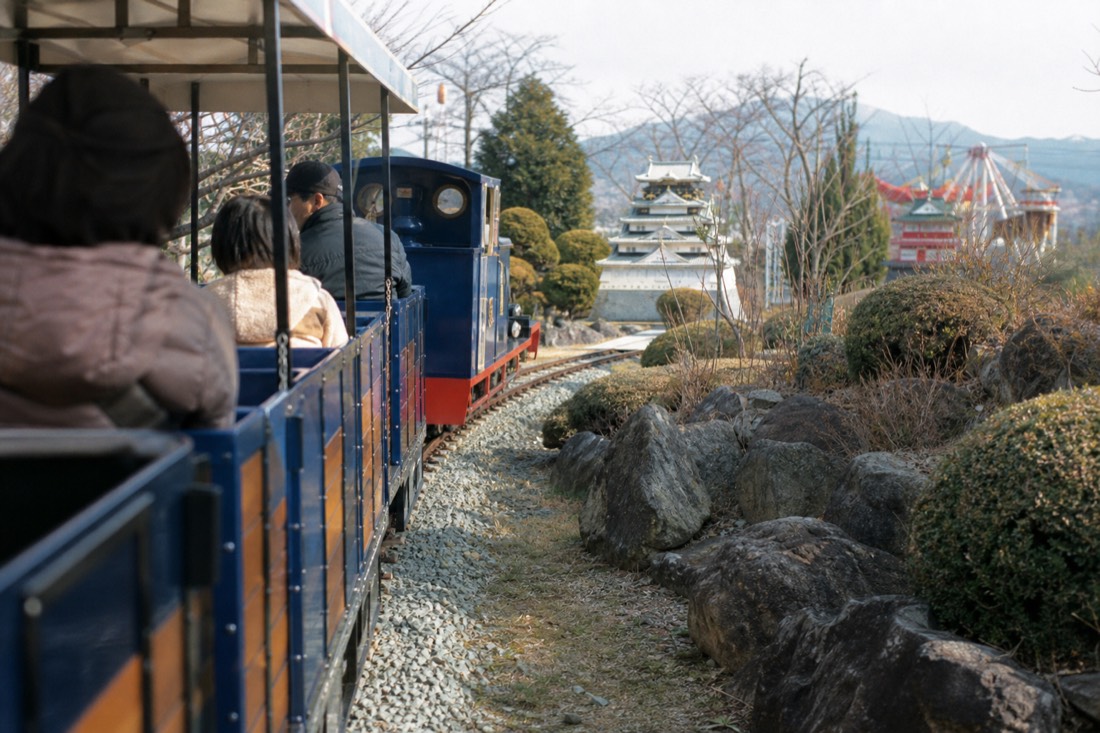 Children's train ride winding through Thomas Land at Fuji-Q Highland