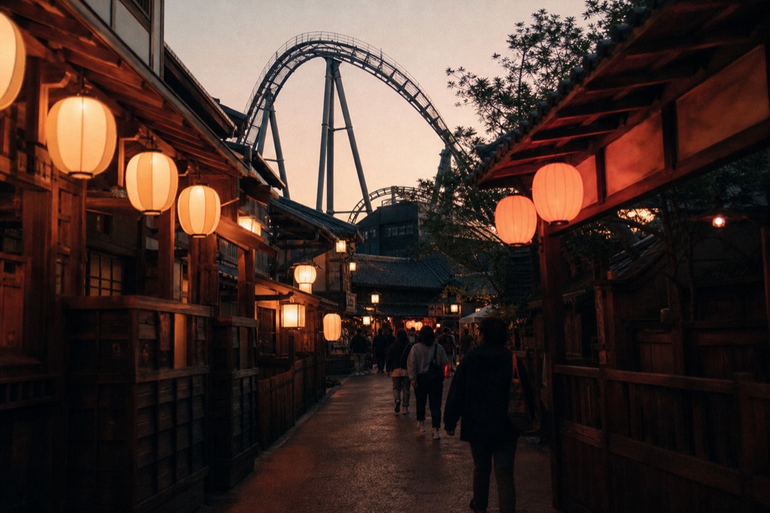 Japanese-style themed village alley like the NARUTO Hidden Leaf area at Fuji-Q
