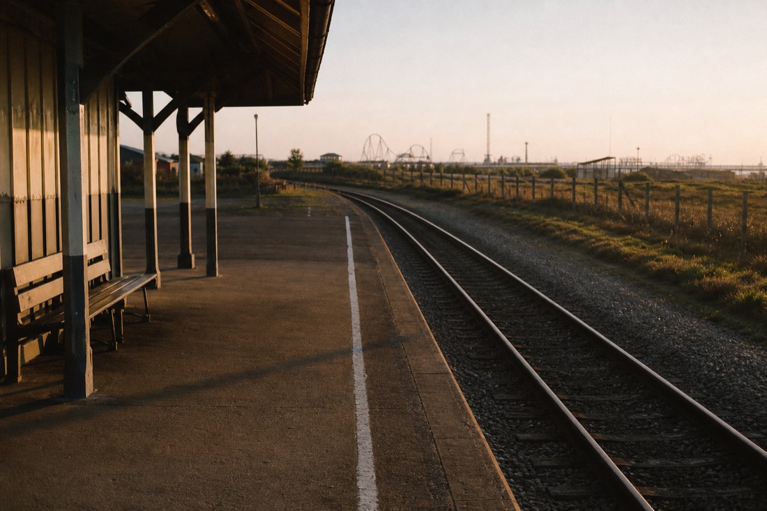 Empty morning railway platform in the Yamanashi countryside on the route toward the park